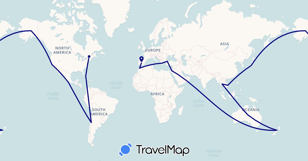 TravelMap itinerary: driving in Australia, Bahamas, Canada, Chile, Spain, Greece, Israel, Japan, Morocco, Mexico, New Zealand, Thailand, Turkey, United States, Vietnam (Africa, Asia, Europe, North America, Oceania, South America)